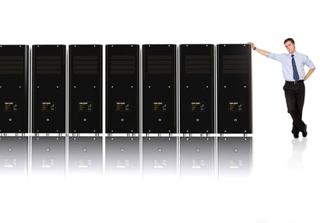 Business man and his network - 3d rendered servers, high detail even on servers screens