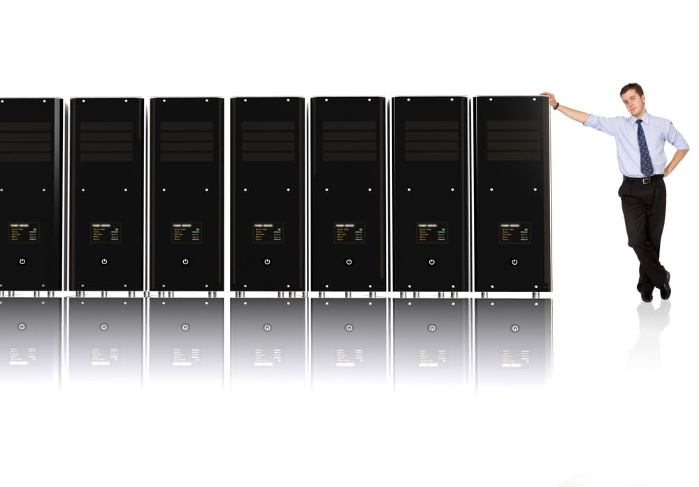 Business man and his network - 3d rendered servers, high detail even on servers screens